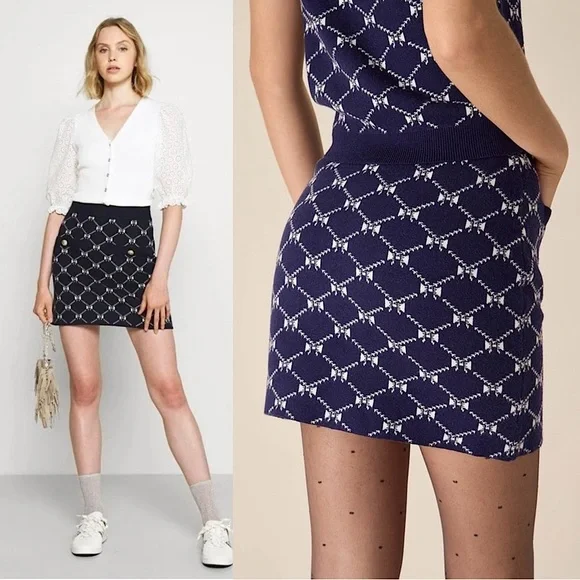 MAJE Navy Bow Design Jacquard Knit Gold Logo Button Patch Pocket Mini Skirt 6 - Picture 5 of 14